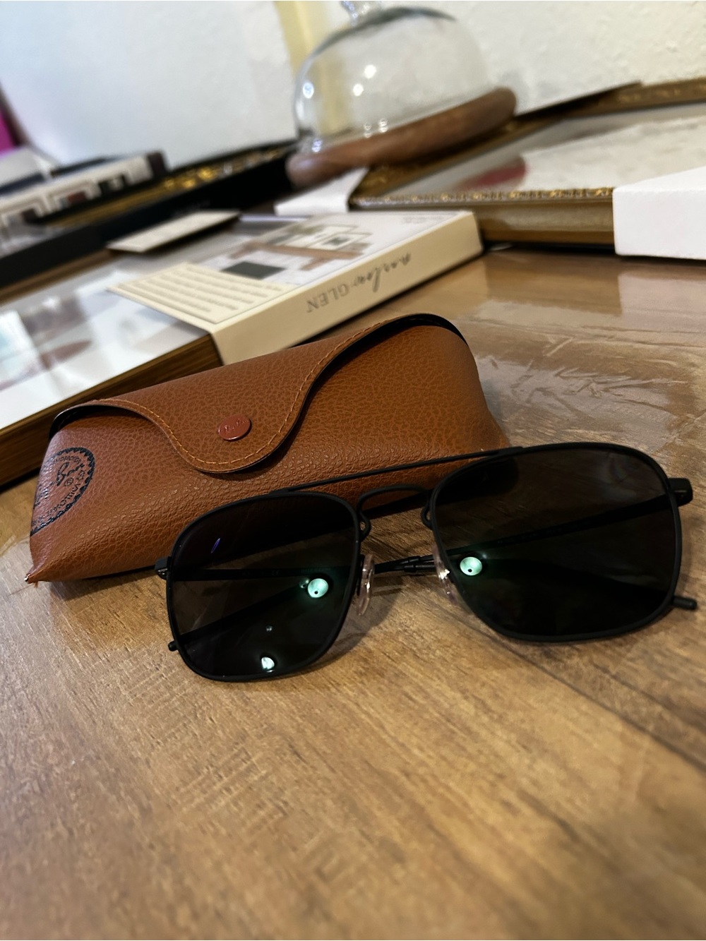 Ray-Ban Black Frame Sunglasses with Brown Leather Case